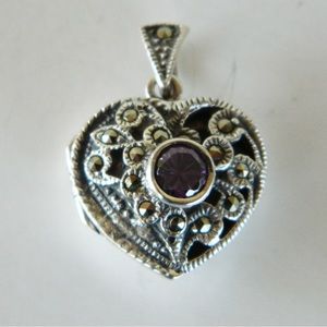 Vintage Solid 925 Sterling Silver Marcasite Amethyst Locket